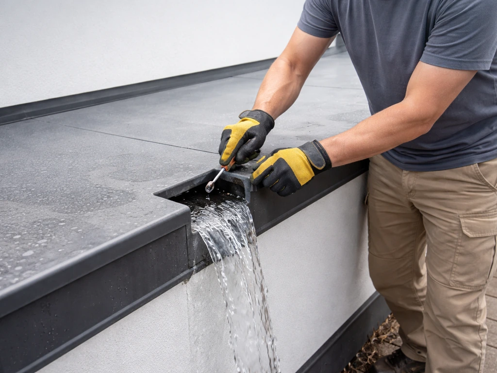 Anonymous worker clears a roof drain as water flows away from the membrane during upkeep