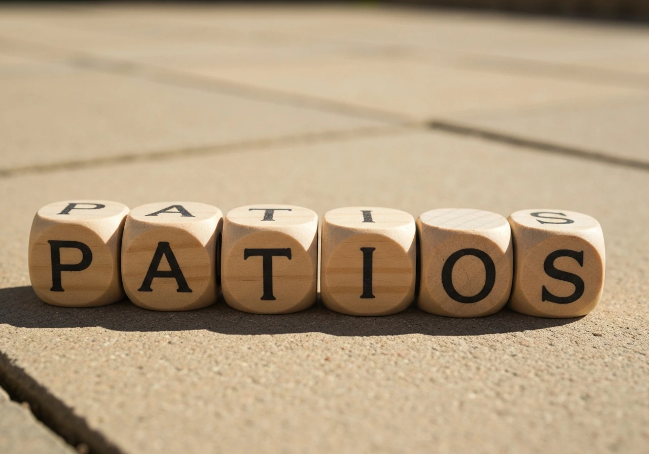 Close-up of wooden letter blocks spelling “patio” and “patios” on a patio-style surface