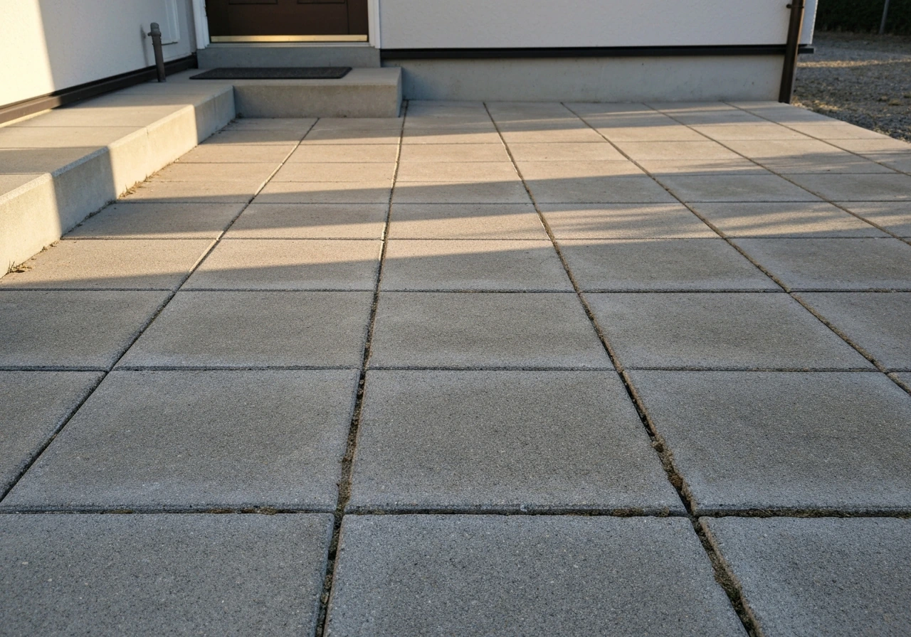 Ground-level view of a flat concrete patio beside a home entrance, showing the hard surface clearly.