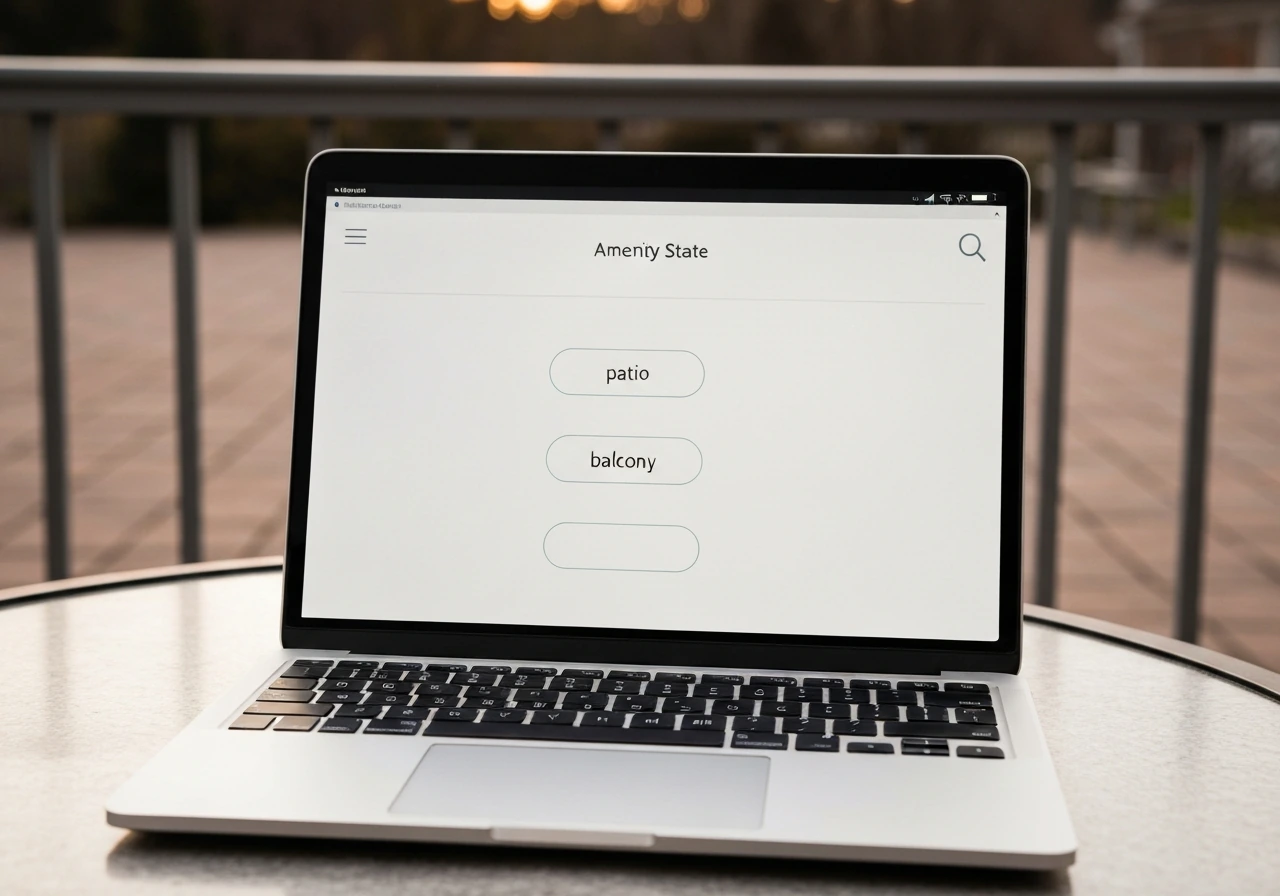 Minimal view of a laptop on a patio, with separate amenity options visible as generic pills