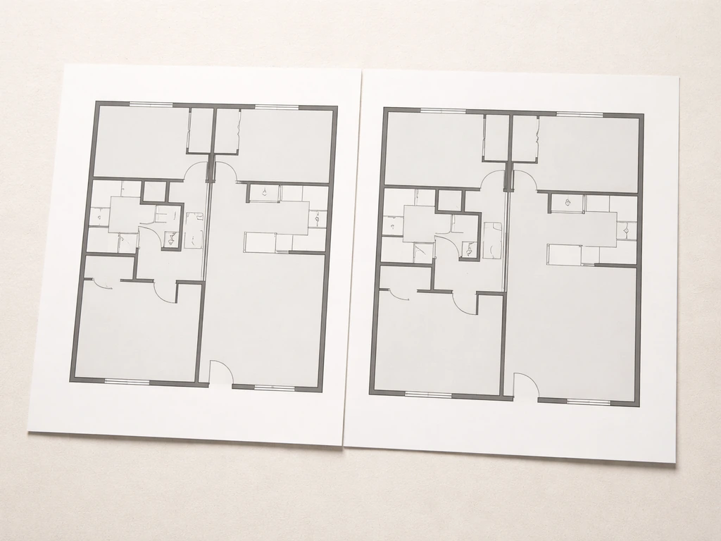 Two adjacent simplified home floor plan views showing a shared party/common wall between them