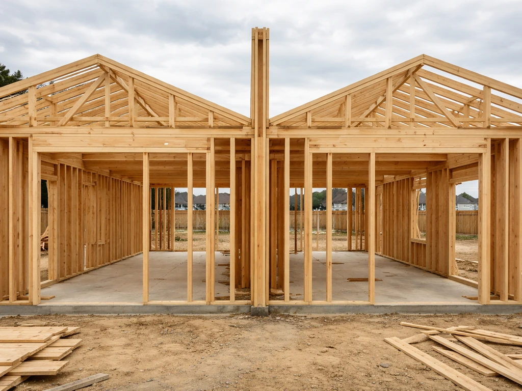 Framing of a paired patio home under construction in a quiet neighborhood, shared wall area visible