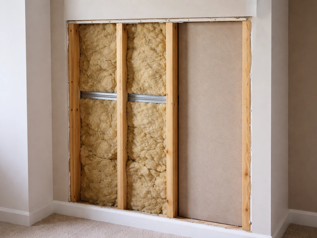 Close-up of a shared party wall with visible soundproofing insulation materials for privacy and noise control.