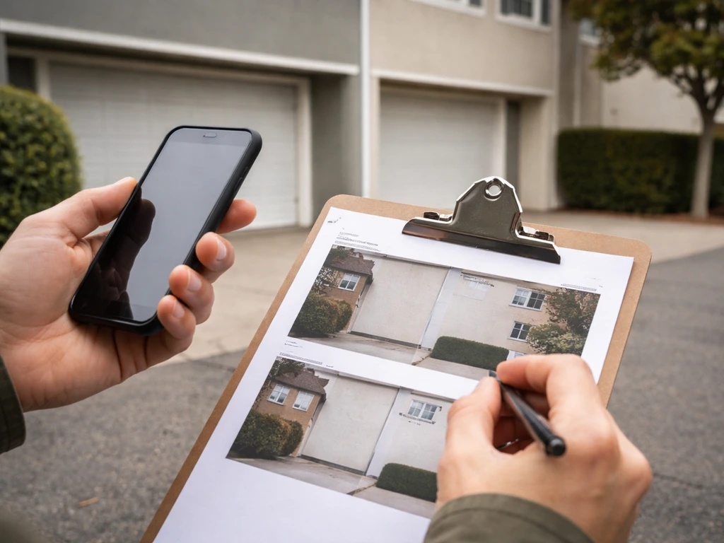 Hands mark exterior listing photos on a clipboard to spot a blank shared wall for a paired patio home.