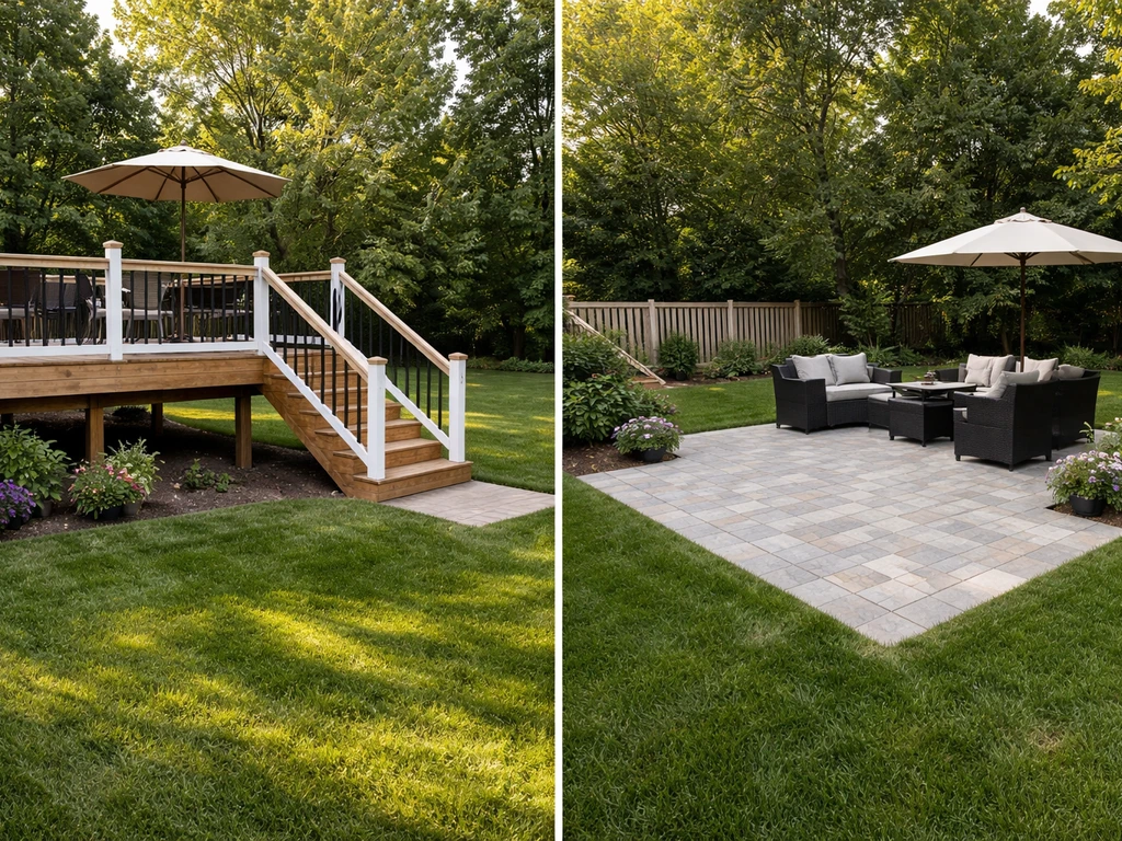 Side-by-side view of an elevated wooden deck and a ground-level patio in a backyard.