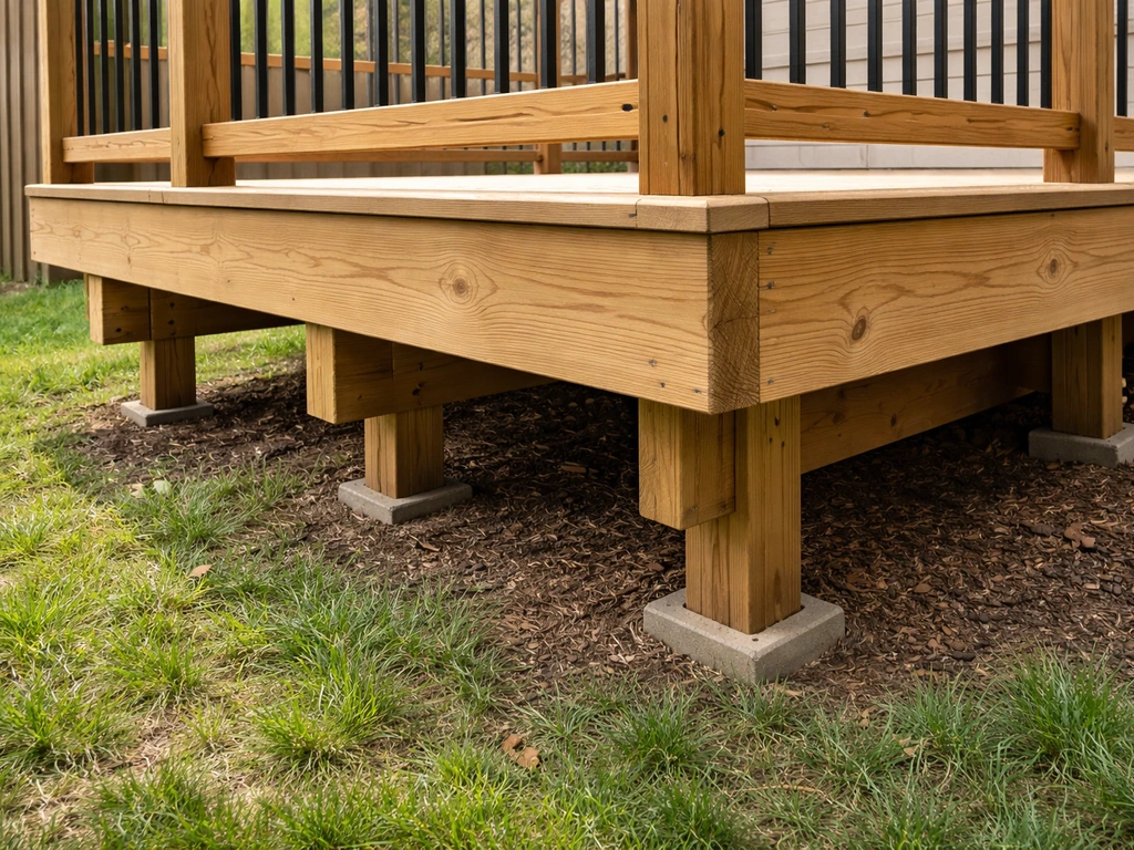 Close-up of a raised wooden deck with railings and visible support posts underneath