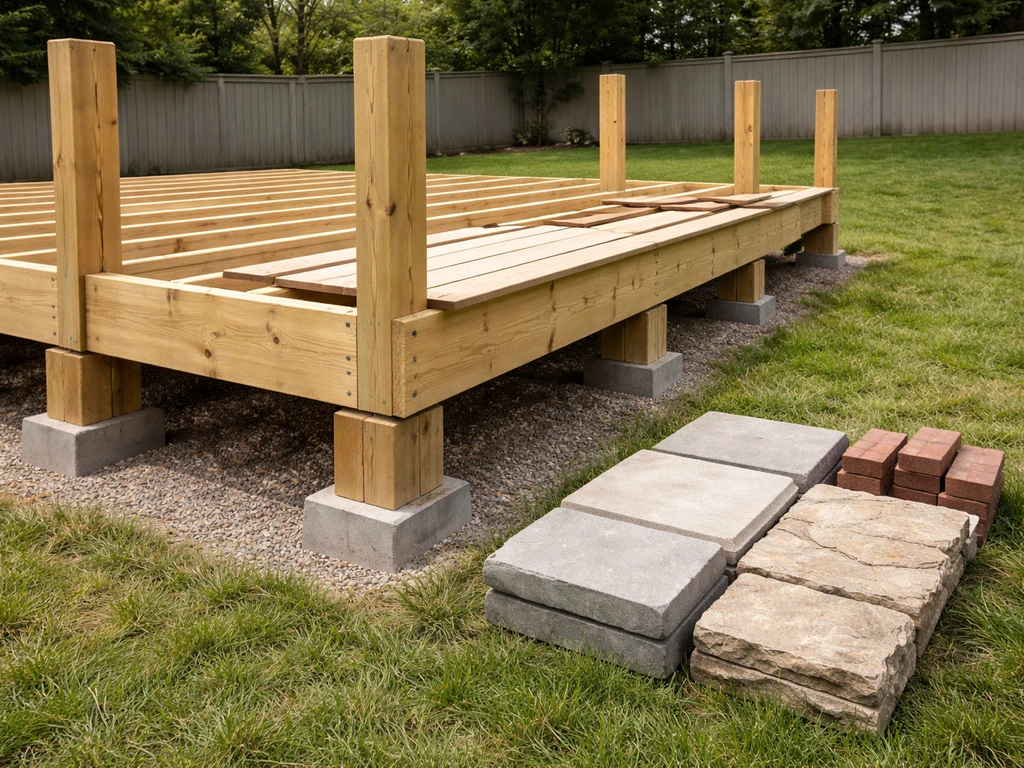 Outdoor deck frame with visible footings, posts, joists, and decking boards, next to concrete/stone/brick pieces