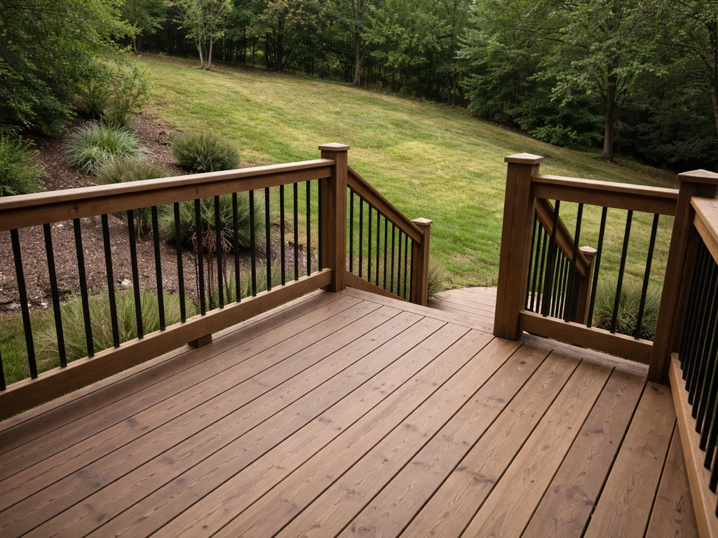 Elevated wooden backyard deck with handrails and stairs over a slightly sloped yard