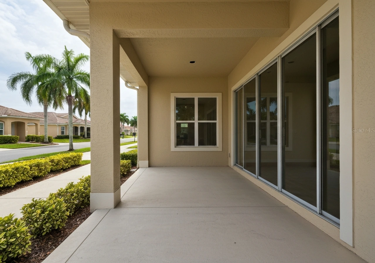 Single-story Florida patio home exterior with a central patio connected to the living space.