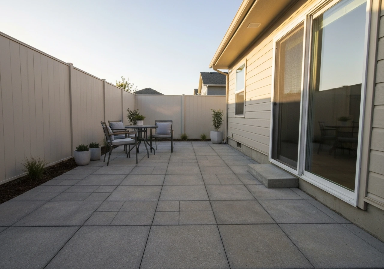 Flat hard-surfaced backyard patio directly adjoining a home, with patio furniture in a quiet residential setting