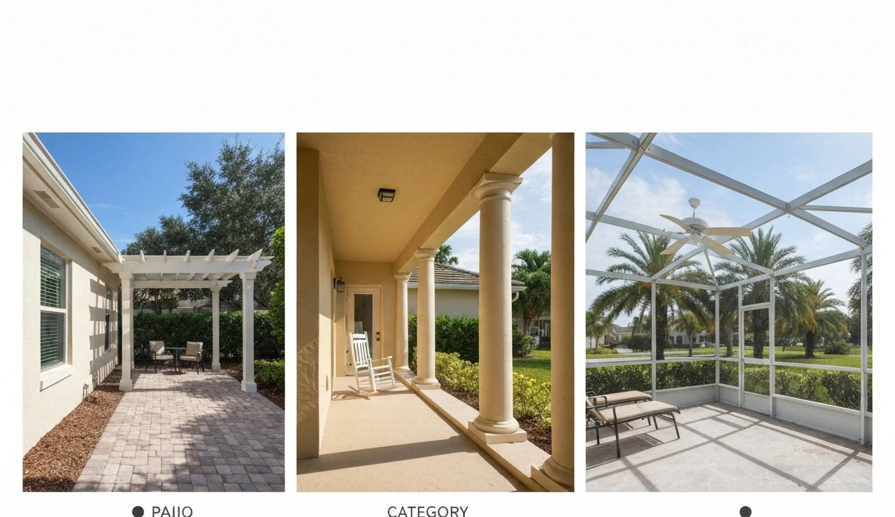 Three minimal Florida outdoor space scenes: patio, porch, and screened lanai side by side.