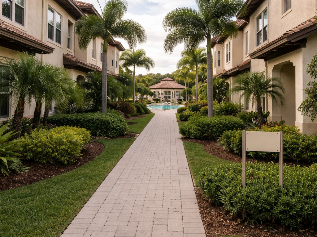 Attached patio homes around a quiet community pool with a small HOA amenity sign in the background.