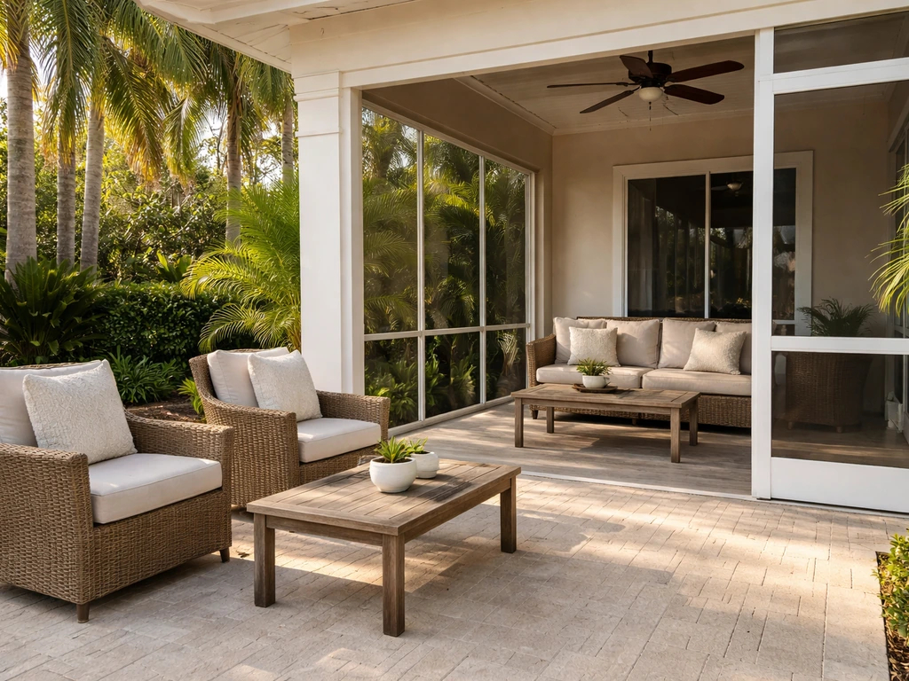 Florida home outdoor patio and covered lanai seating, open and shaded areas side by side.