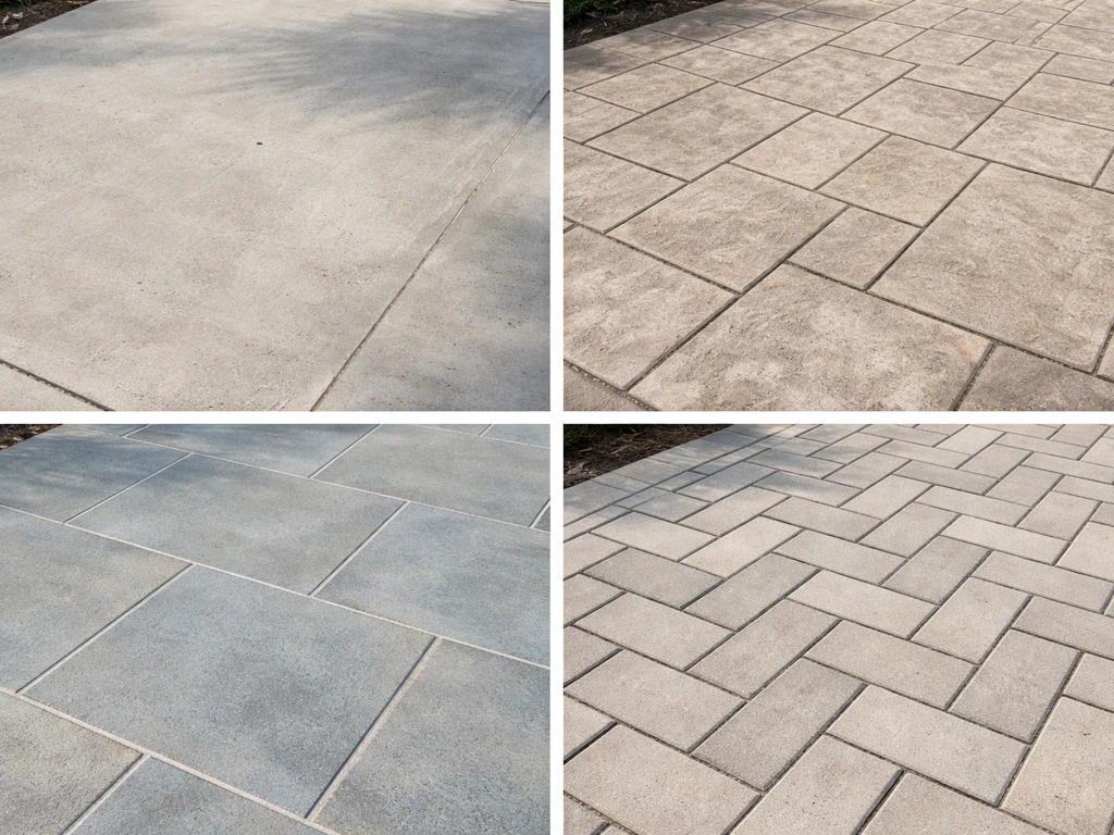 Close-ups of four Florida patio floor materials: concrete slab, stamped concrete, ceramic tile, and pavers.