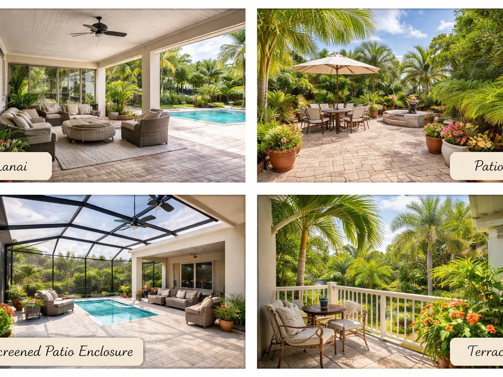 Collage of four Florida outdoor spaces: covered lanai, patio, screened enclosure, and terrace in warm daylight.