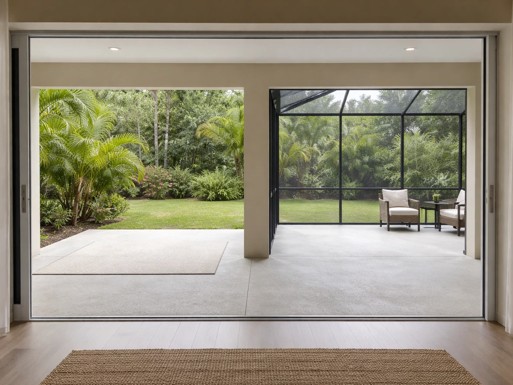 View through a sliding door comparing an open patio and a screened lanai side by side at a Florida home.