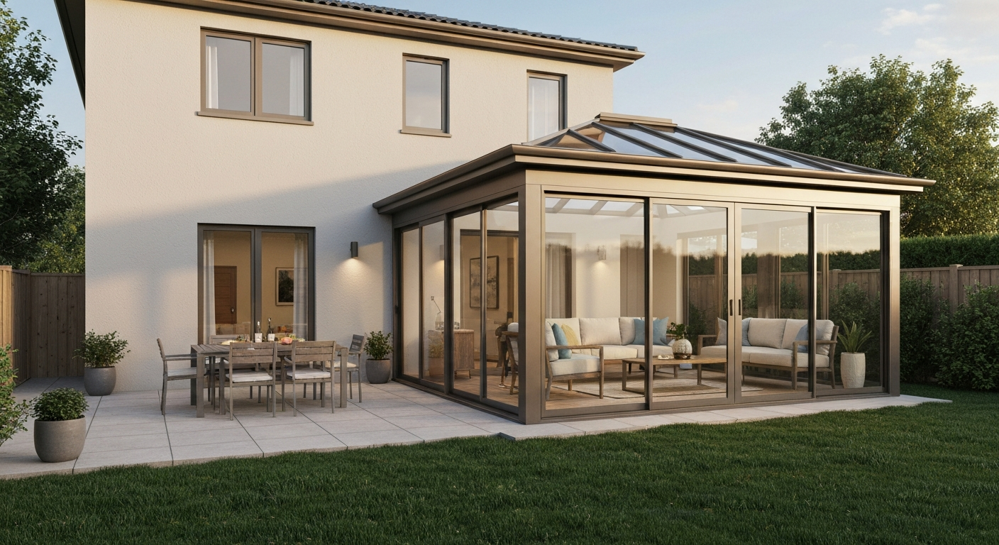 Backyard showing an open paved patio beside a glass‑walled patio room/sunroom attached to a house.