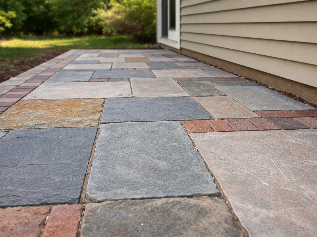 Ground-level view of a concrete and slate patio beside a house, showing a hard, roofless surface.
