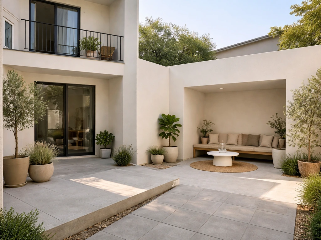 View of a home showing an upper balcony, a ground patio slab, and a central enclosed courtyard.