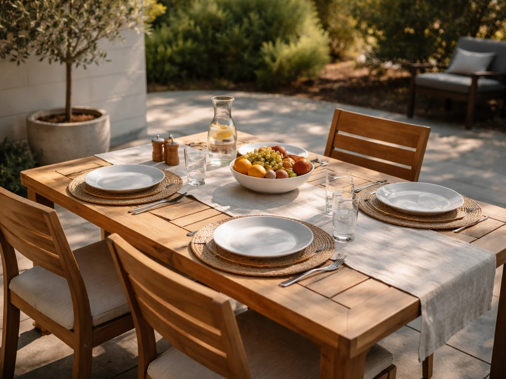 Family dining on a patio table set on hard flooring in bright natural light.