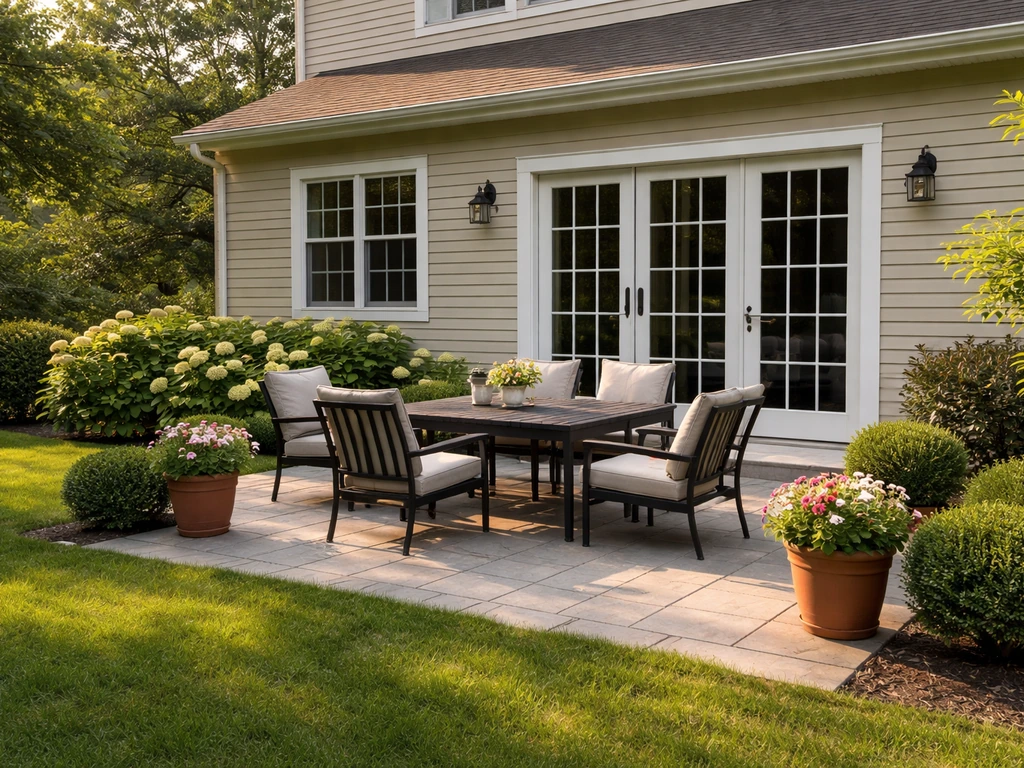 Sunny home exterior patio with outdoor furniture and neatly landscaped yard