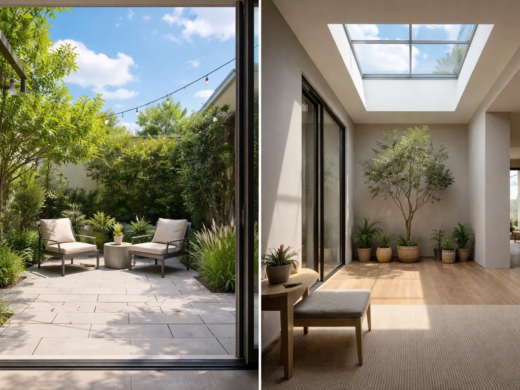Split view of an open backyard patio and an enclosed interior atrium with skylight above.
