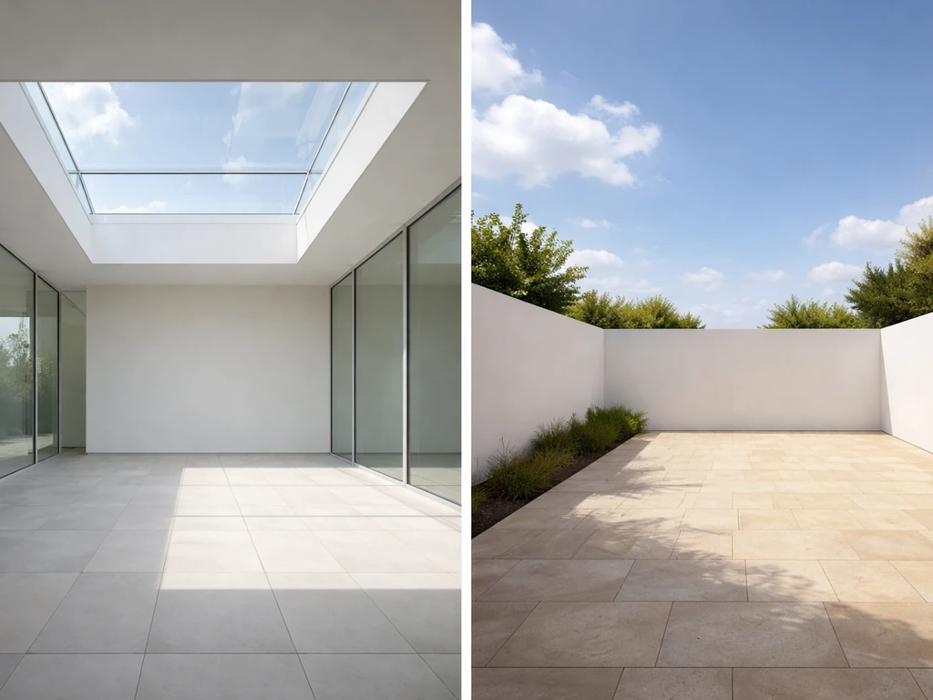 Side-by-side view comparing a glazed skylight atrium with an open-sky patio and differing enclosure edges.