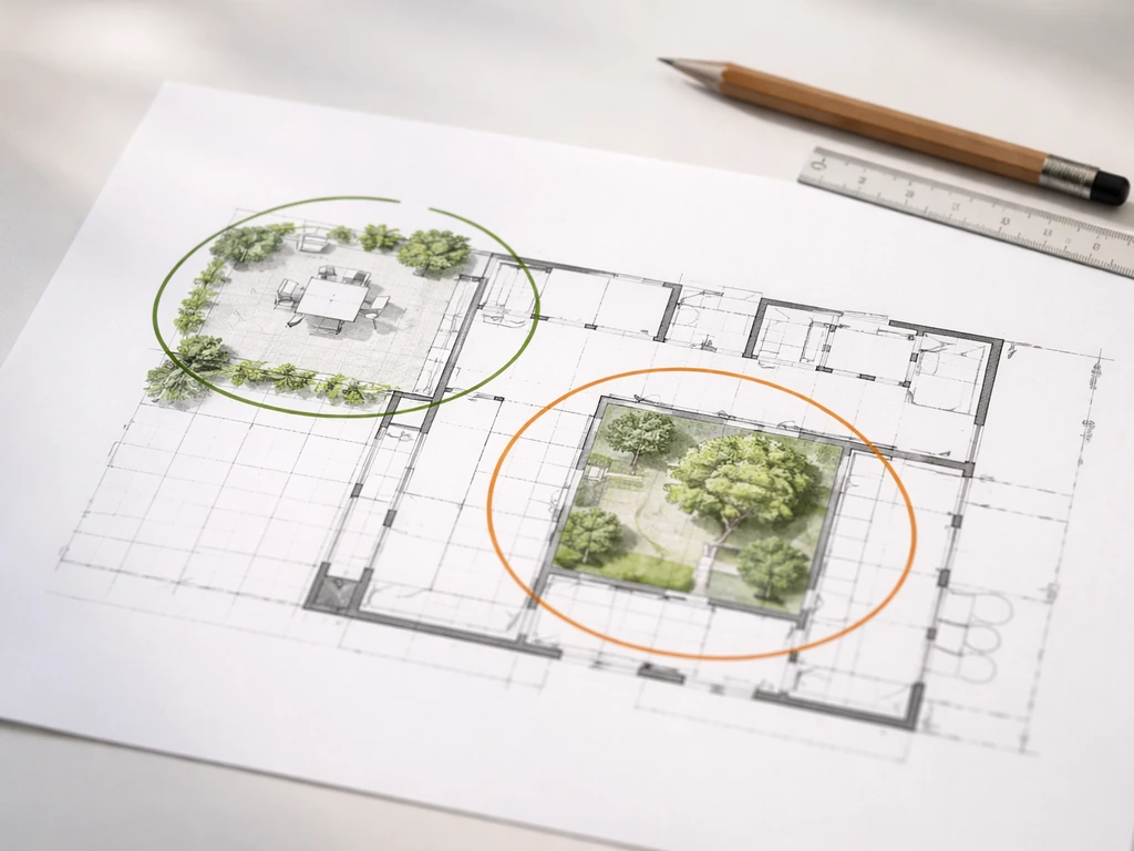 Minimal photo of a floor-plan sheet on a desk with a highlighted patio area outside the footprint