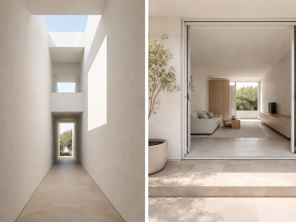 Home interior atrium viewed from a walkway, with tall walls and skylight above; patio doorway leading inside.