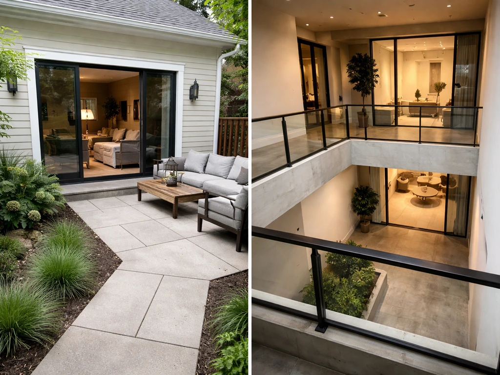Split view of a suburban patio with door access and a multi-level atrium with an upper railing.