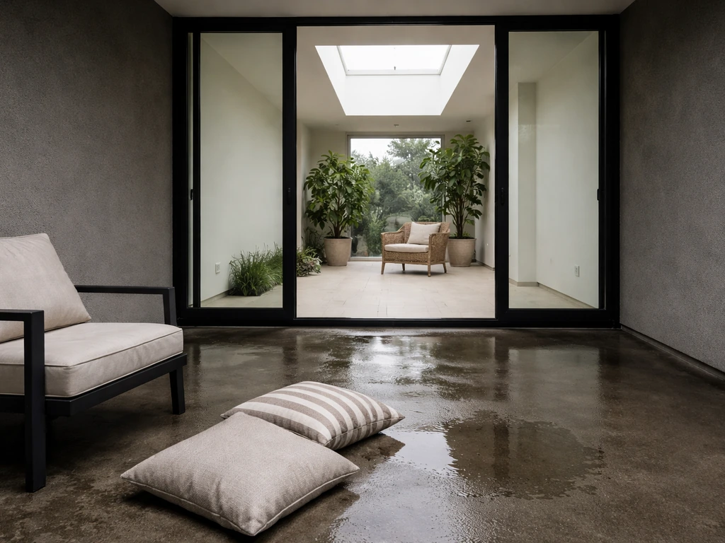 Uncovered patio with wet floor and wind-blown cushions beside a skylight-covered atrium in dry light