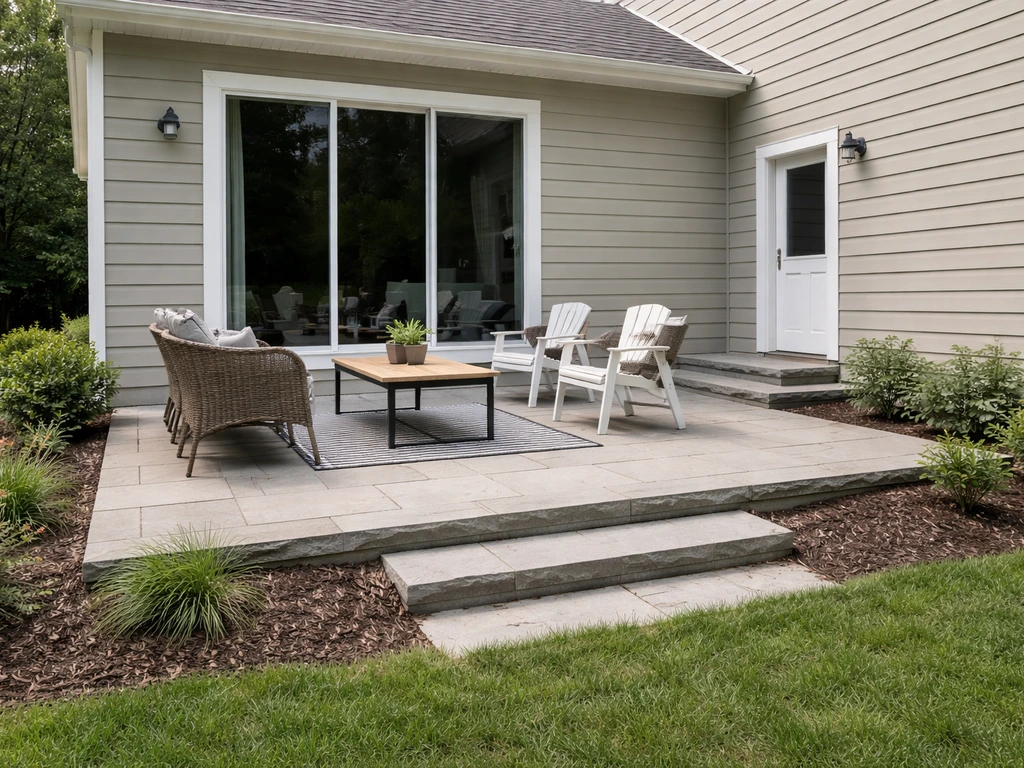 Rear/side patio attached to a home, with doors opening onto it and yard visible in a simple exterior scene.