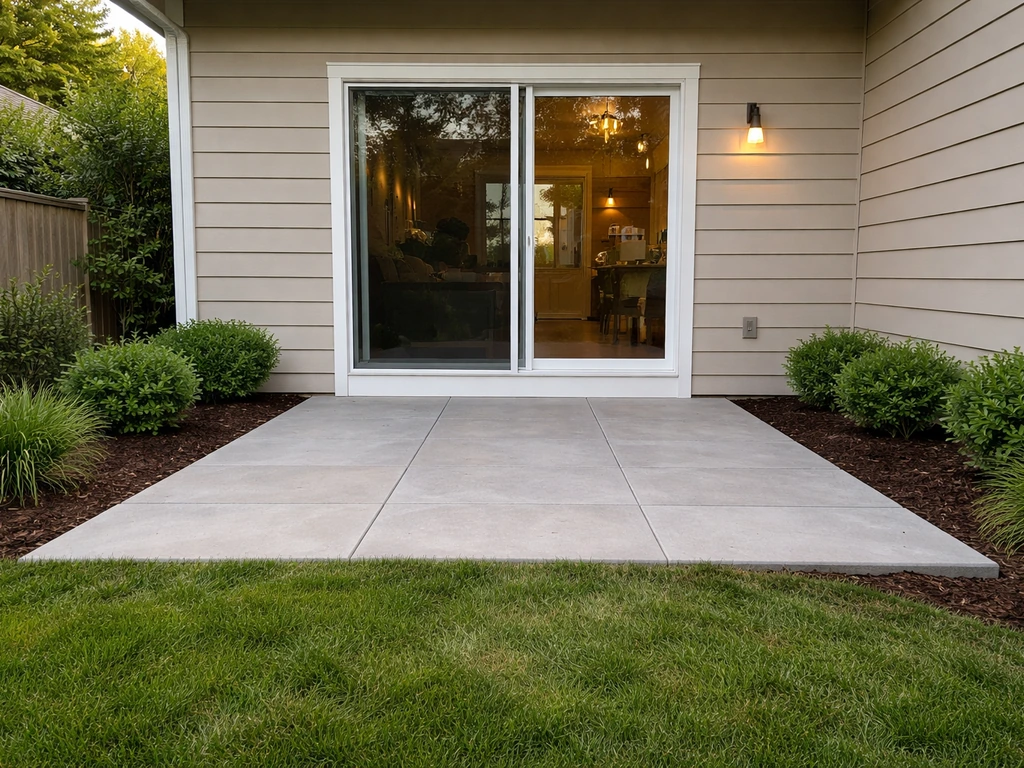 Ground-level backyard patio directly off a rear sliding glass door of a home.
