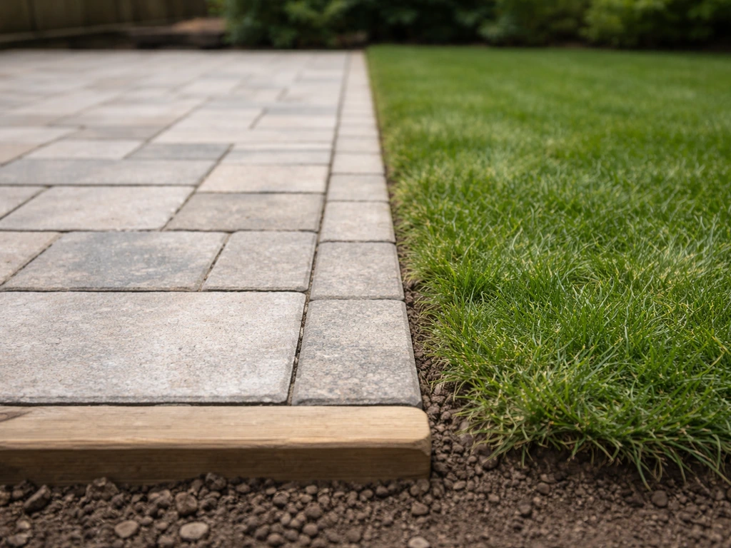 Hardscape patio of pavers next to soft grass, showing outdoor space placement at ground level.