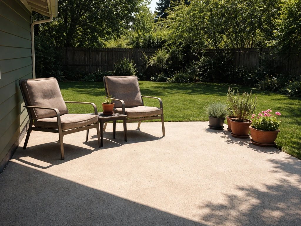 South-facing patio with strong sun and sharp shadows from the house creating shade.