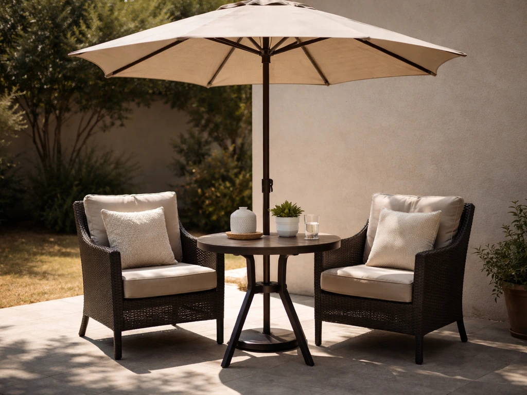 Shaded patio seating under an open umbrella, with sun blocked from the table and cushions