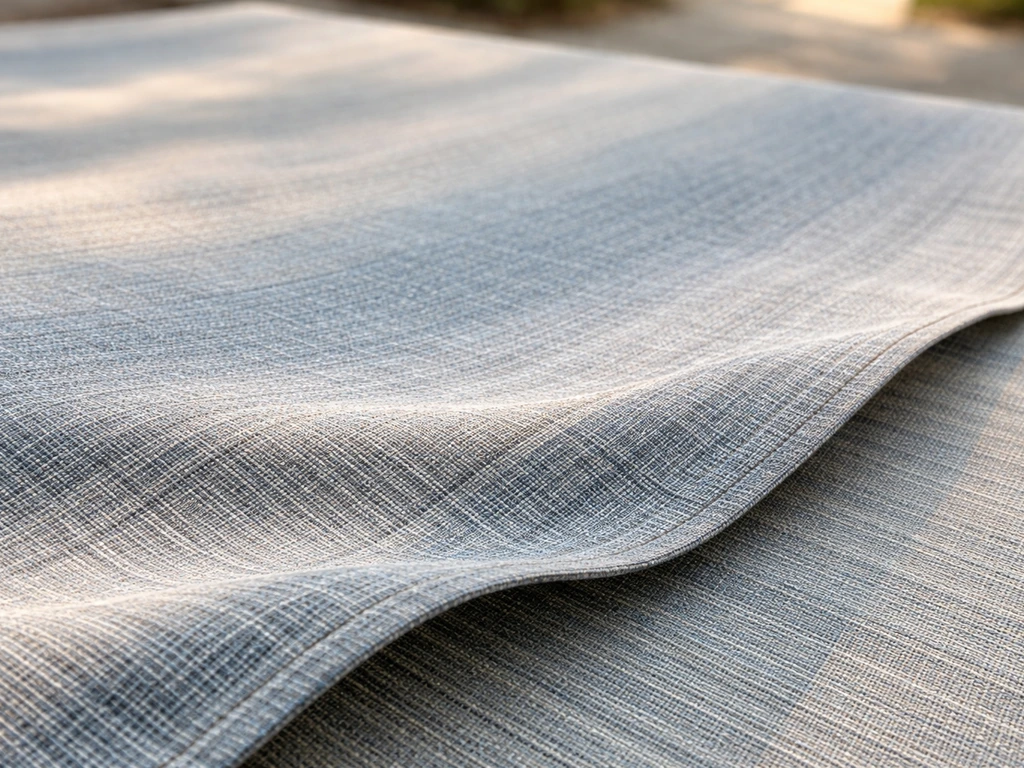 Close-up of outdoor umbrella canopy fabric with woven texture and solution-dyed color pattern in sunlight.