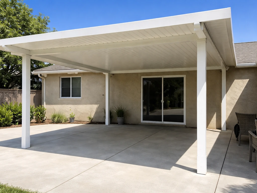 Bright exterior showing an attached patio cover with visible roof panels and support posts casting shade.