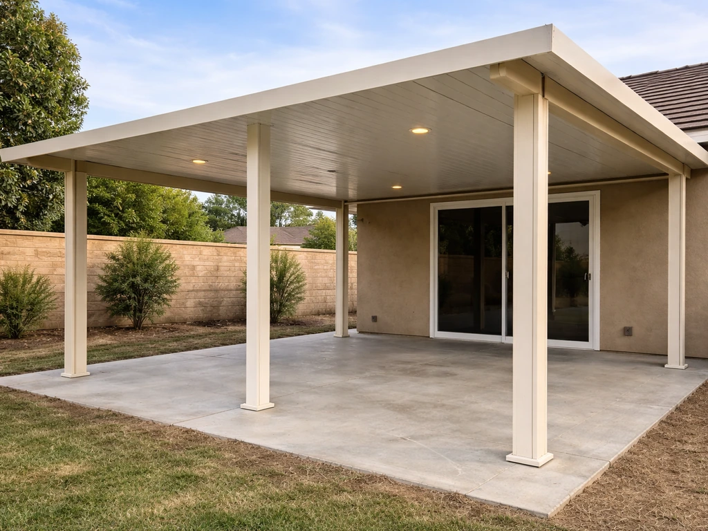 One-story patio cover with overhead shade panels and support columns in a simple backyard setting.