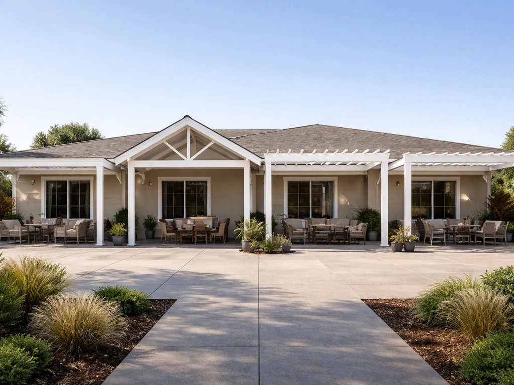 Four patio cover styles—flat/lean-to, gable, roofed pergola, and louvered—shown on one home exterior.