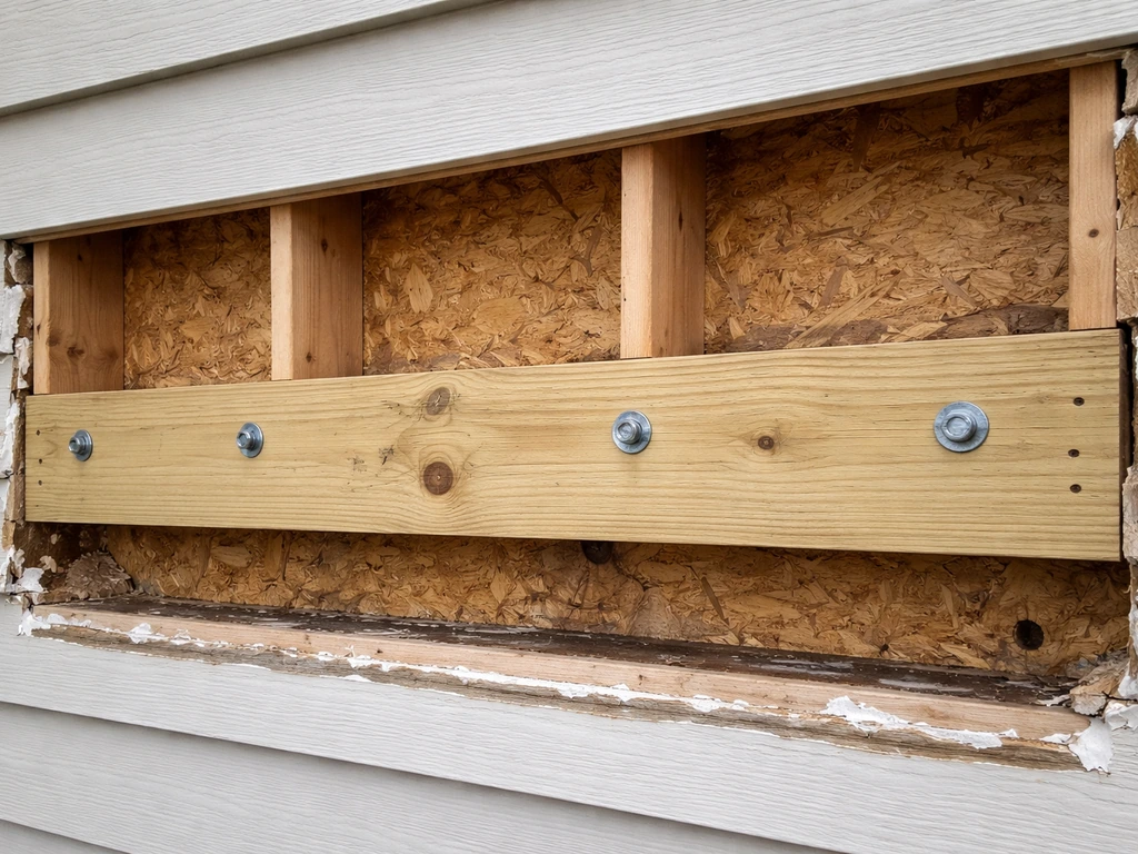 Close-up of an attached patio cover ledger board fastened into exposed house framing at the rim joist