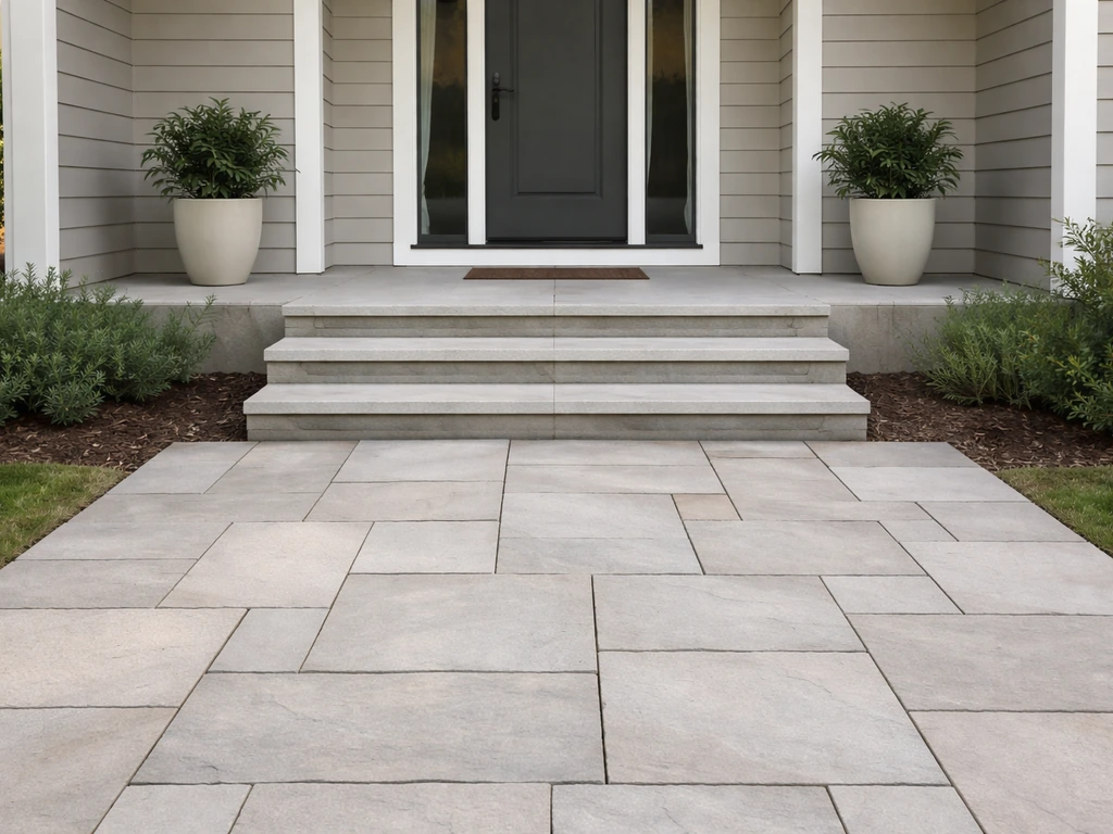 Uncovered front patio with pavers at a home entrance, leading to a doorway.