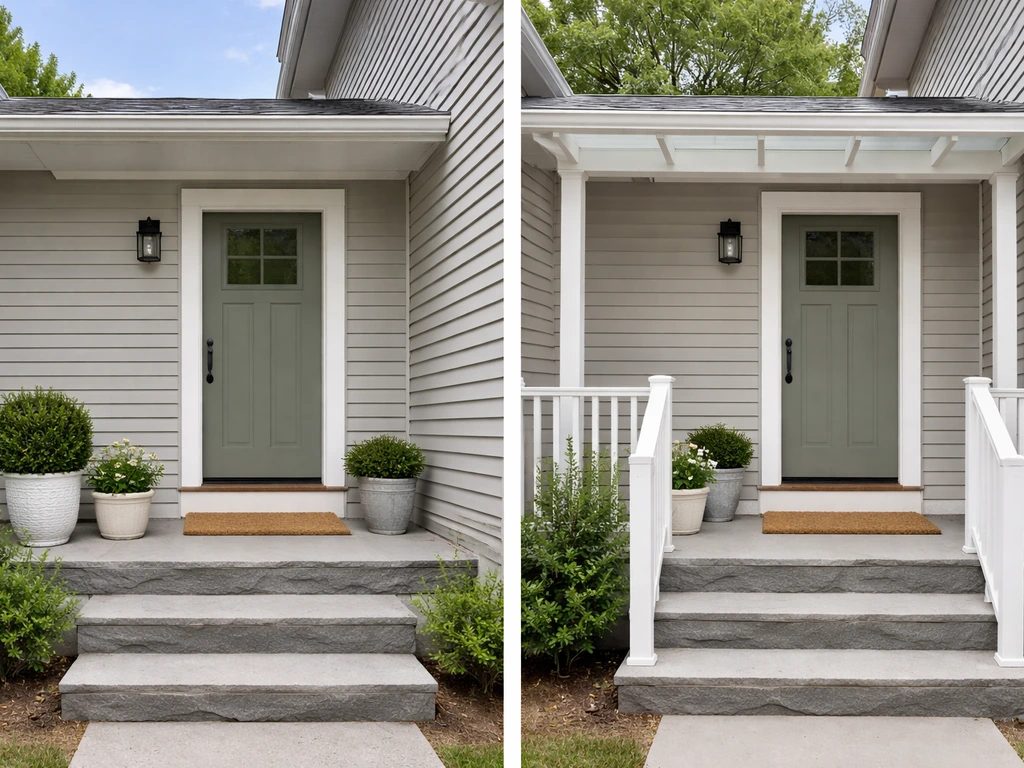 Side-by-side view of an uncovered front patio next to a roofed front porch entry.