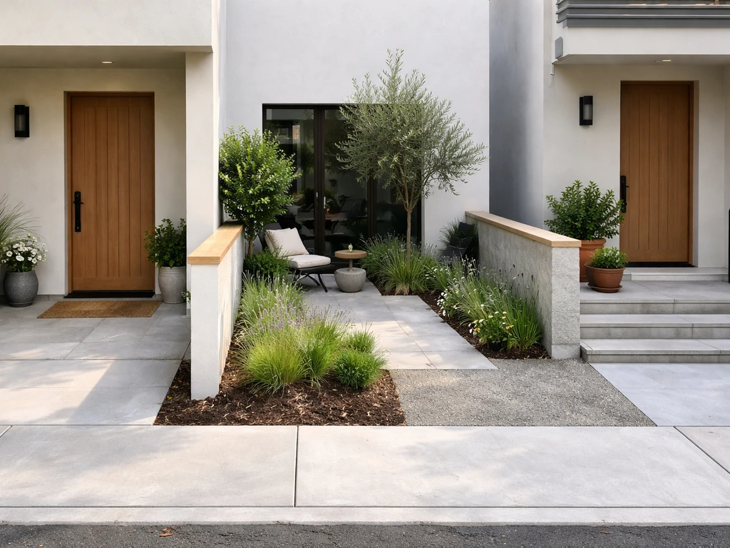 A home’s front spaces shown together: ground-level entry patio, enclosed courtyard, and raised stoop with steps.
