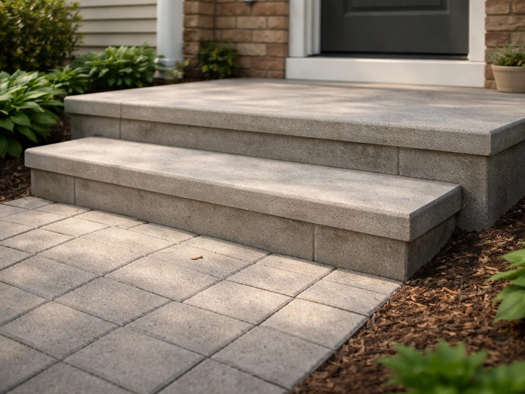 Close-up of a small concrete stoop with short steps leading up to a front entrance platform.
