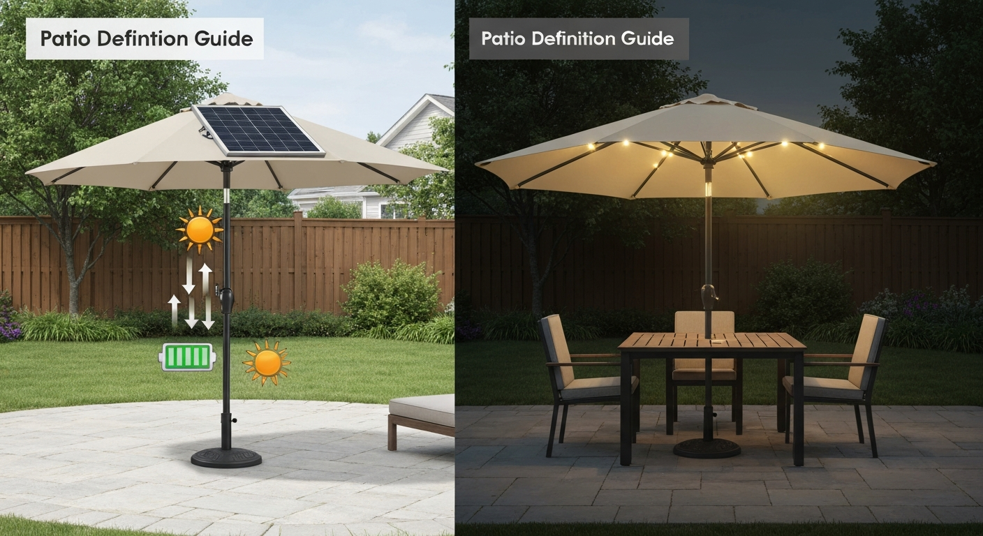 Split illustration showing a solar patio umbrella charging by day (left) and lighting a patio at night (right).