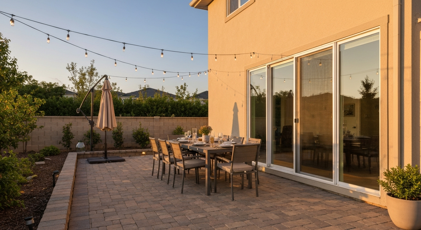 Photorealistic view of an at-grade paved patio set up for dining next to a house: a six-seat table, chairs, string lights, potted plants, and a pergola-like shade — illustrating a comfortable patio dining area directly adjacent to the building.