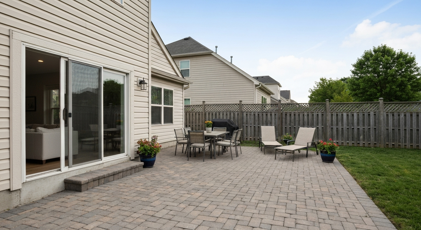 Ground-level backyard patio with pavers, dining table, sliding glass door and privacy fence.