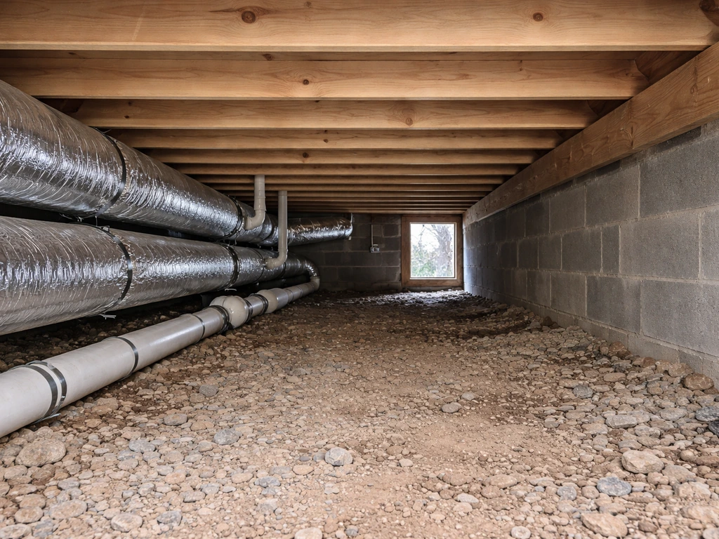Photo-real cutaway of a low crawlspace under a patio home with exposed joists and mechanicals.