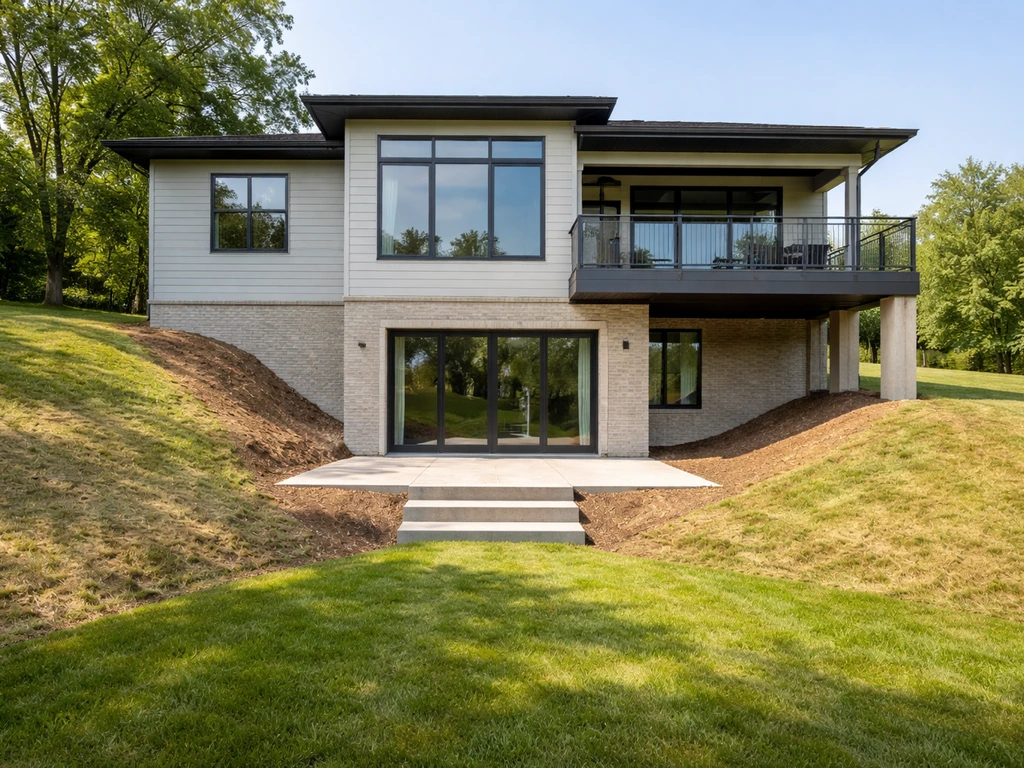 House on a sloped hillside with a daylight lower level opening onto a small patio at grade.